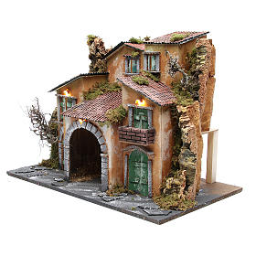 Nativity village with stable, illuminated with 10 battery lights 43x60x34cm