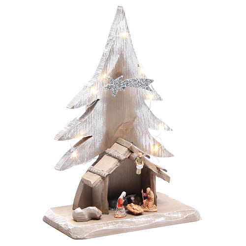 Nativity stable 26x18x10cm with fir tree and Holy Family of 3.5cm 3