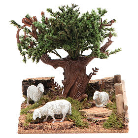 Chêne sur colline avec moutons 16x10x18 cm pour crèche