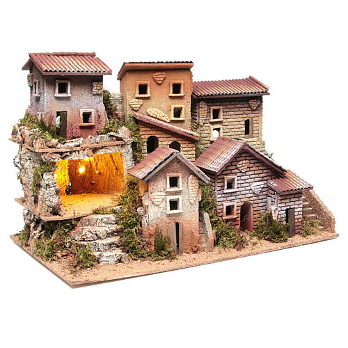 Borgo presepe illuminato con grotta 33x60x25 cm 3