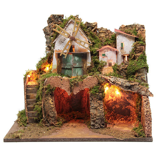 Nativity scene village with functioning windmill and lights 1