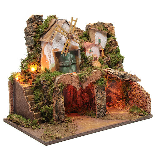 Nativity scene village with functioning windmill and lights 2