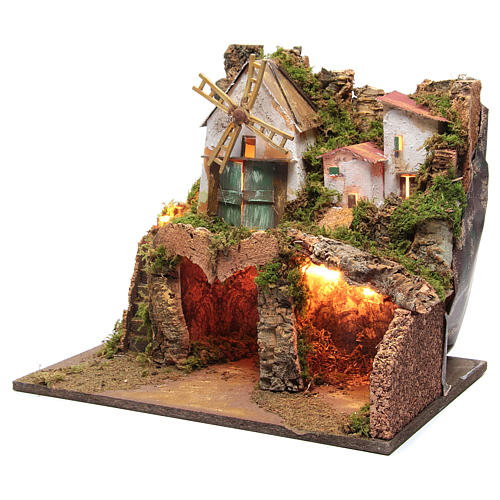 Nativity scene village with functioning windmill and lights 3