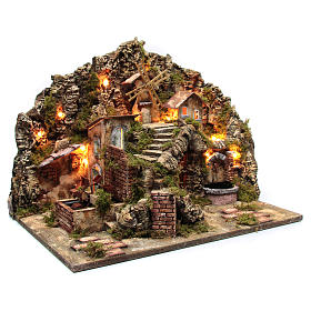 Nativity scene village with lights, moving windmill and watermill and fountain