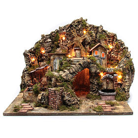 Nativity scene village with lights, moving windmill and watermill and fountain