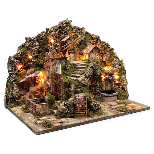 Nativity scene village with lights, moving windmill and watermill and fountain 2