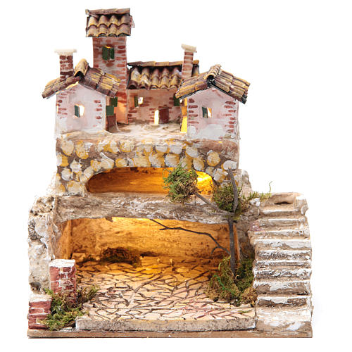 Nativity scene with a cave and a group of houses 25x25x20 cm 1
