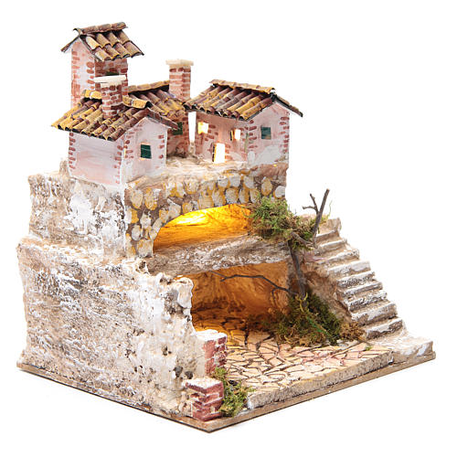 Presepe con grotta e un gruppo di case 25x25x20 cm 3