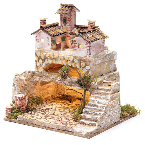 Nativity scene with a cave and a group of houses 25x25x20 cm 2