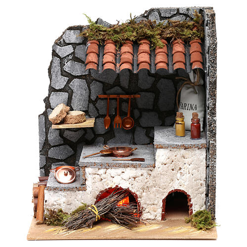 Kitchen for nativity scene with fireplace, lights and fire  25x20x15 cm 1