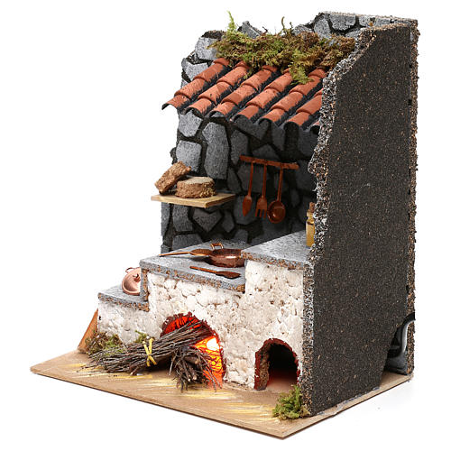 Kitchen for nativity scene with fireplace, lights and fire  25x20x15 cm 2
