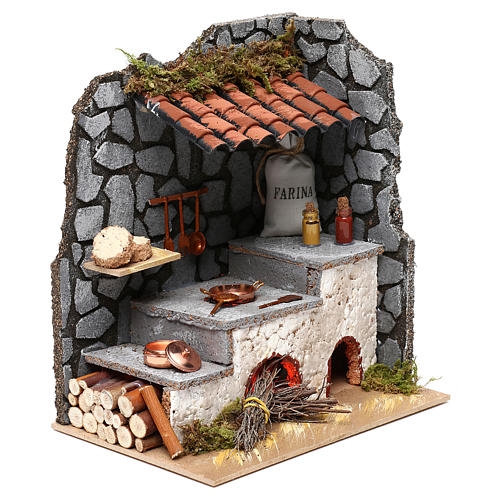 Kitchen for nativity scene with fireplace, lights and fire  25x20x15 cm 3