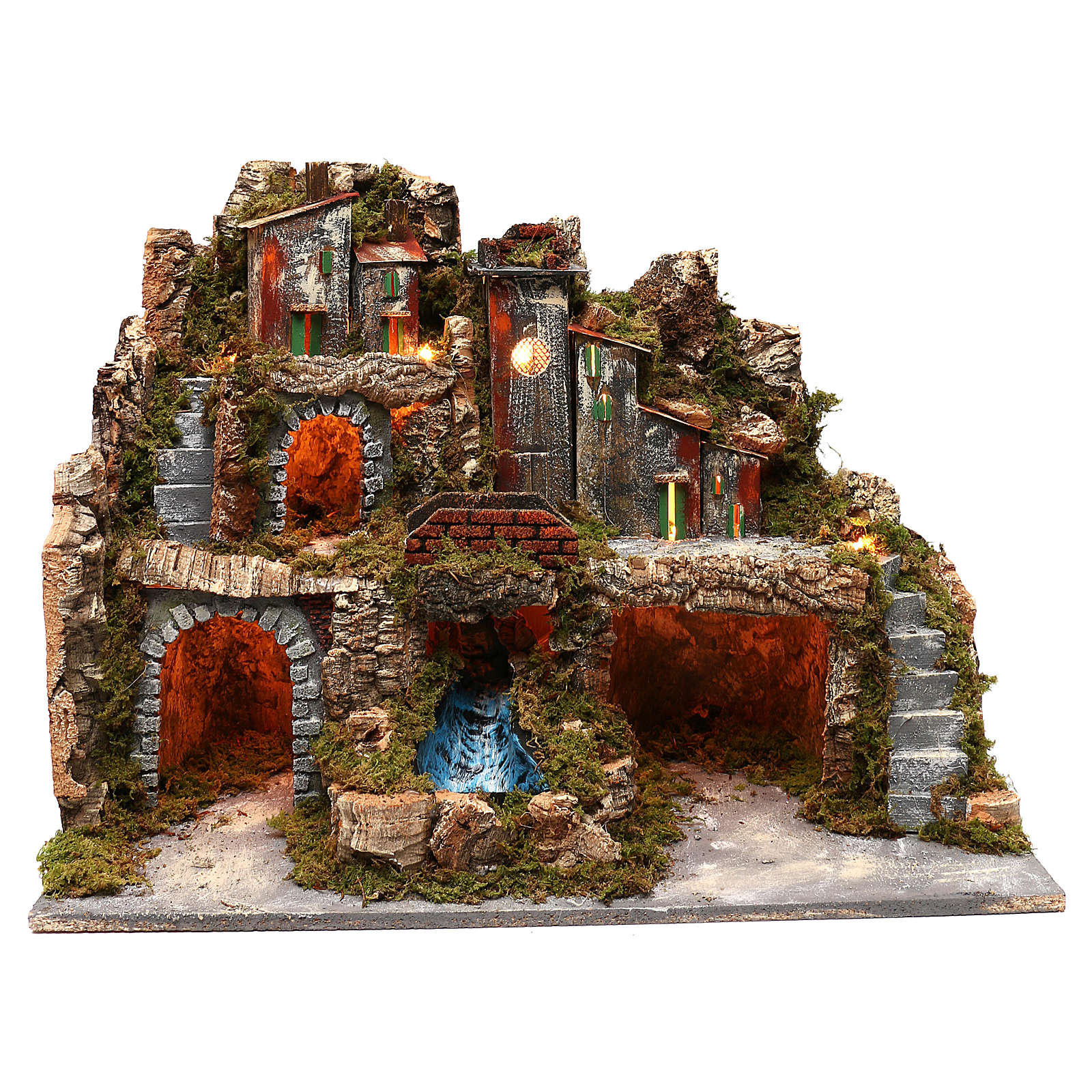 Nativity scene with lights, functioning waterfall and online sales on