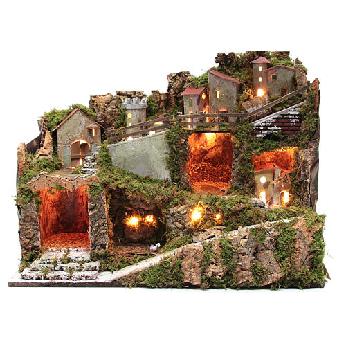 Nativity scene village with lights and tank lake effect 40x60x35 cm 1