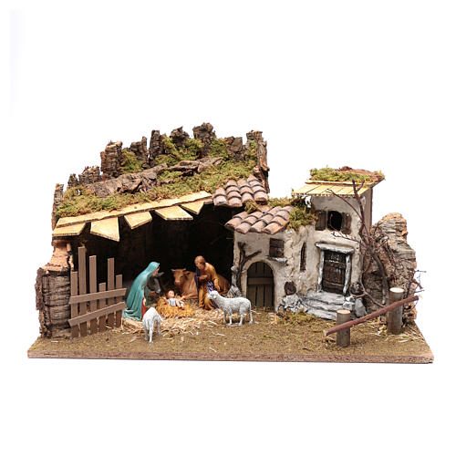 Stable and farmhouse in gypsum for nativity scene 30x60x40 cm 1