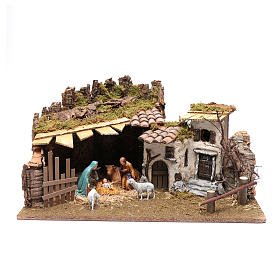 Maisons, milieux, ateliers, puits: Étable et cabane en plâtre pour crèche 31,5x58x39 cm