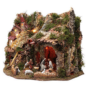 Nativity Scene village with fountain, lights, fire 40x60x45 cm