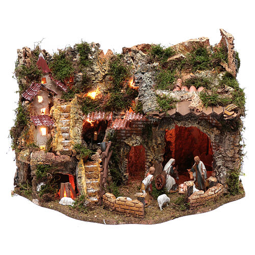Nativity Scene village with fountain, lights, fire 40x60x45 cm 1