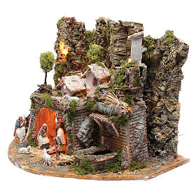 Maisons, milieux, ateliers, puits: Village avec maisons fontaine feu et lumières 41,5x57x38 cm