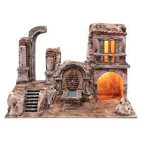 Illuminated nativity scene cave with fountain and temple ruins 35x50x30 cm