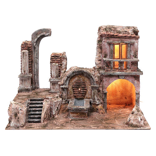 Illuminated nativity scene cave with fountain and temple ruins 35x50x30 cm 1