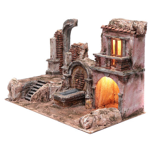 Illuminated nativity scene cave with fountain and temple ruins 35x50x30 cm 4