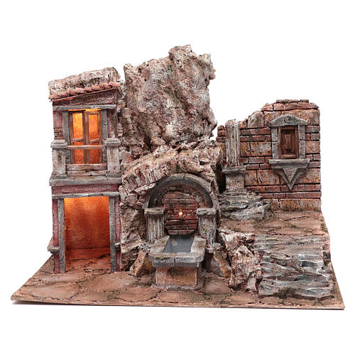 Illuminated nativity scene cave with fountain and stairs 35x50x30 cm 1
