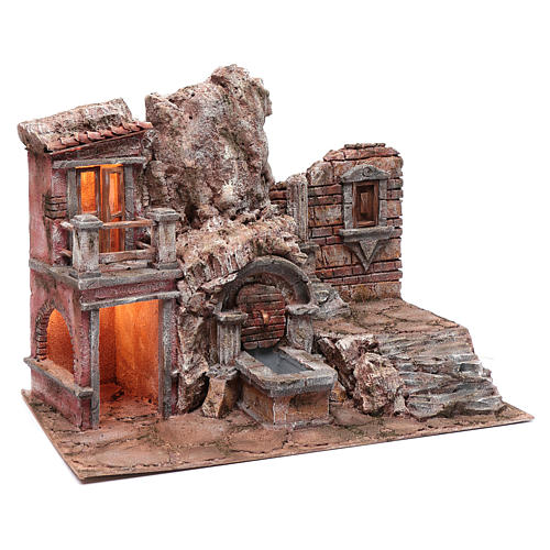 Illuminated nativity scene cave with fountain and stairs 35x50x30 cm 3