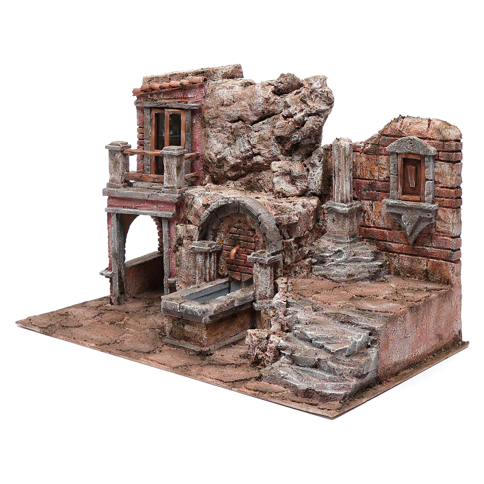 Gruta con balcón, escaleras y fuente 35x50x30 cm | venta online en HOLYART