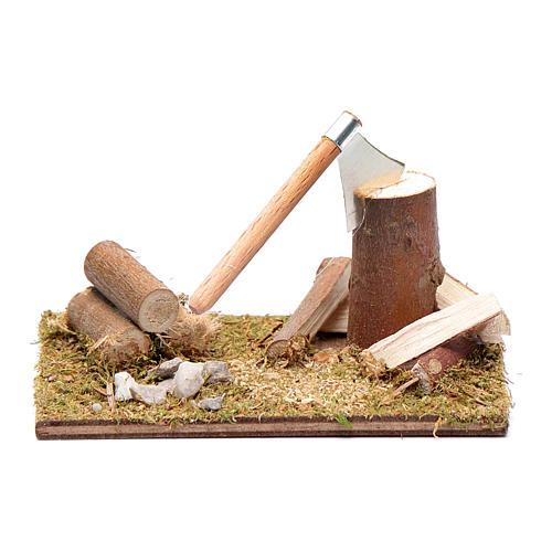 Woodcutter and trunks on a grass field base nativity scene accessories 5x10x5 cm 1