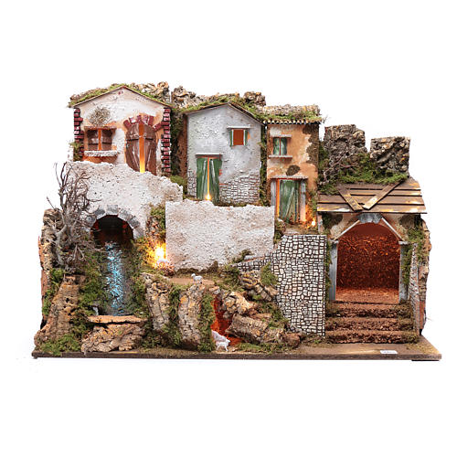 Nativity scene setting with houses  55x75x40 cm, a waterfull and lights. 1