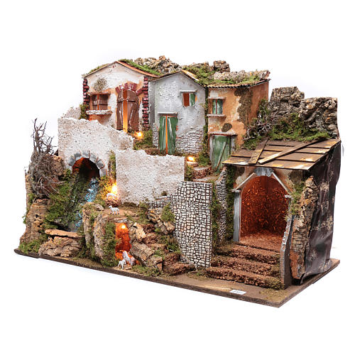Nativity scene setting with houses  55x75x40 cm, a waterfull and lights. 2