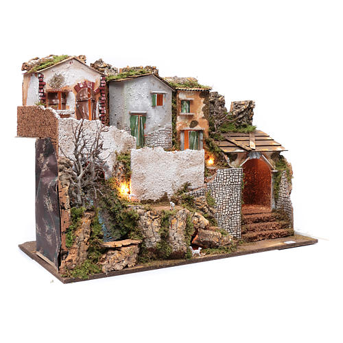 Nativity scene setting with houses  55x75x40 cm, a waterfull and lights. 3