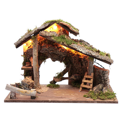 Hütte für Krippe mit Baumstämmen und Wagen 1