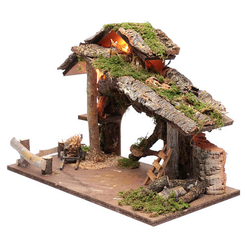 Nativity scene hut with logs and cart 35x50x25 cm 2