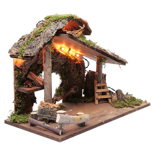 Nativity scene hut with logs and cart 35x50x25 cm 3