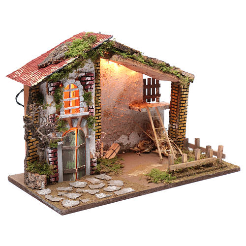 Nativity scene setting house with red roof and barn 35x50x25 cm 3