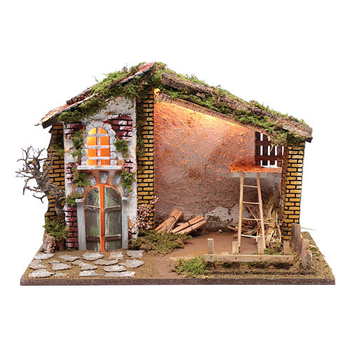 Nativity scene setting house with red roof and barn 35x50x25 cm 1