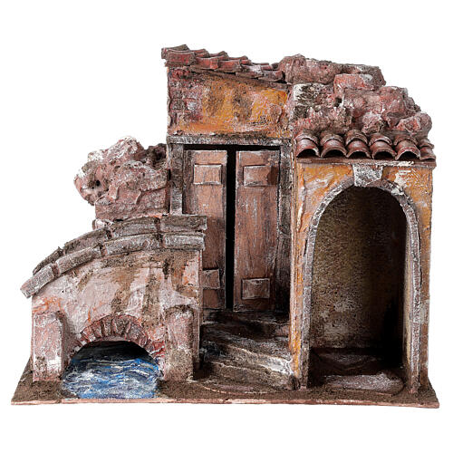 Casetta presepe ponte sul fiume 25x30x15 presepe 12 cm 1