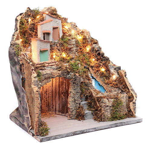 Ambientazione presepe napoletano capanna sotto gruppo di case e cascata 3