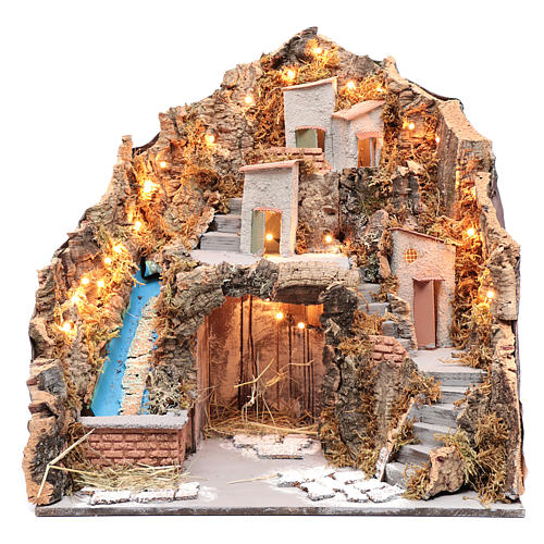 Neapolitan nativity scene setting 45x45x30 cm with pump and lights 1