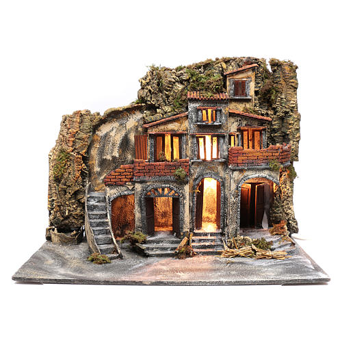 Neapolitan nativity scene village with wooden doors and fountains 1