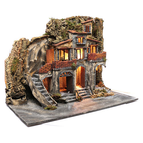 Neapolitan nativity scene village with wooden doors and fountains 3