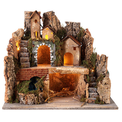Nativity village with stable waterfall and steps 40x30x30 cm 1