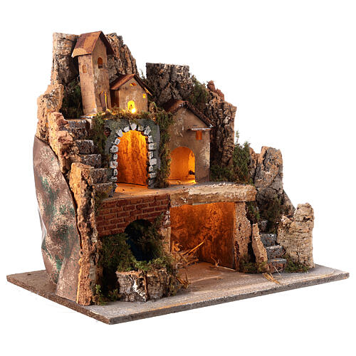 Nativity village with stable waterfall and steps 40x30x30 cm 4