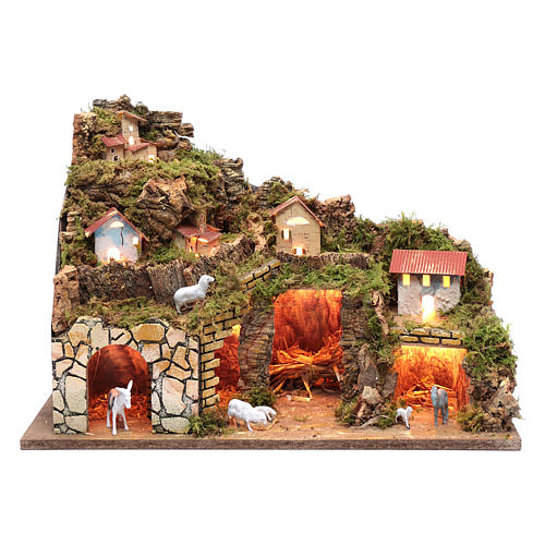 Nativity scene setting houses with lights and sheep 35x50x25 cm 1
