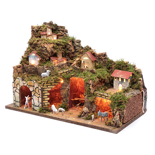 Nativity scene setting houses with lights and sheep 35x50x25 cm 2