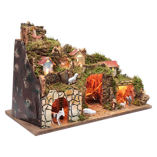 Nativity scene setting houses with lights and sheep 35x50x25 cm 3