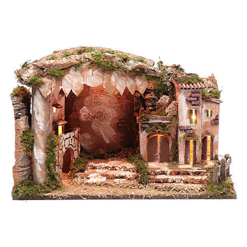 Nativity scene setting 35x50x30 cm with lights, little houses and hut 1