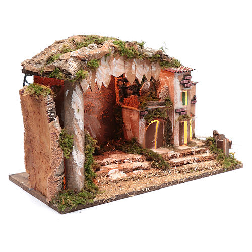 Nativity scene setting 35x50x30 cm with lights, little houses and hut 3
